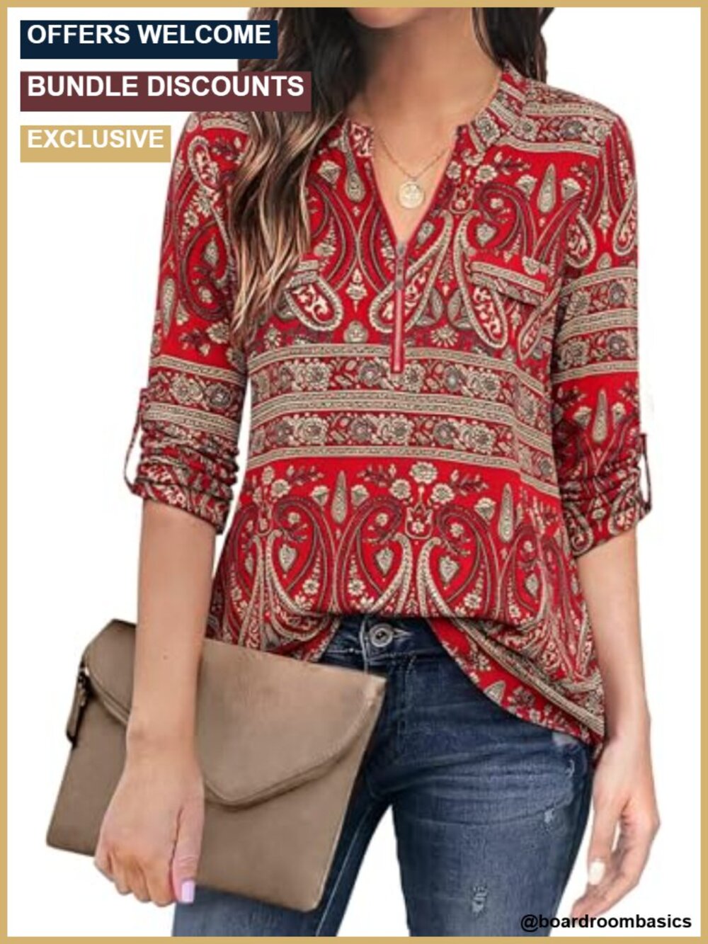 Women's 3/4 Sleeve Plaid Tunic Blouse Zip V-Neck Casual Top